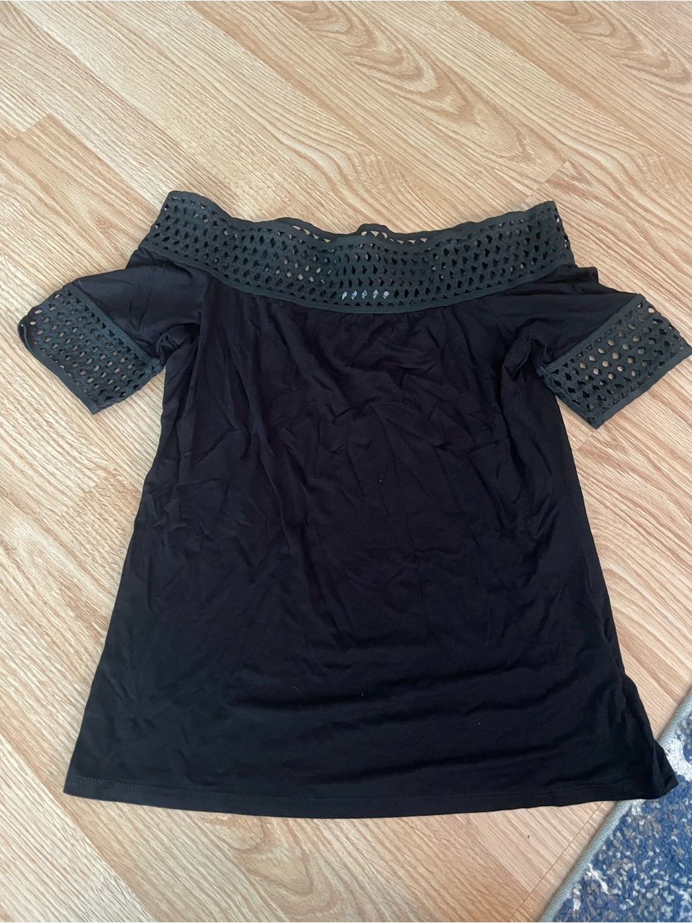 Black Off-Shoulder Crochet-Trim Tunic Top